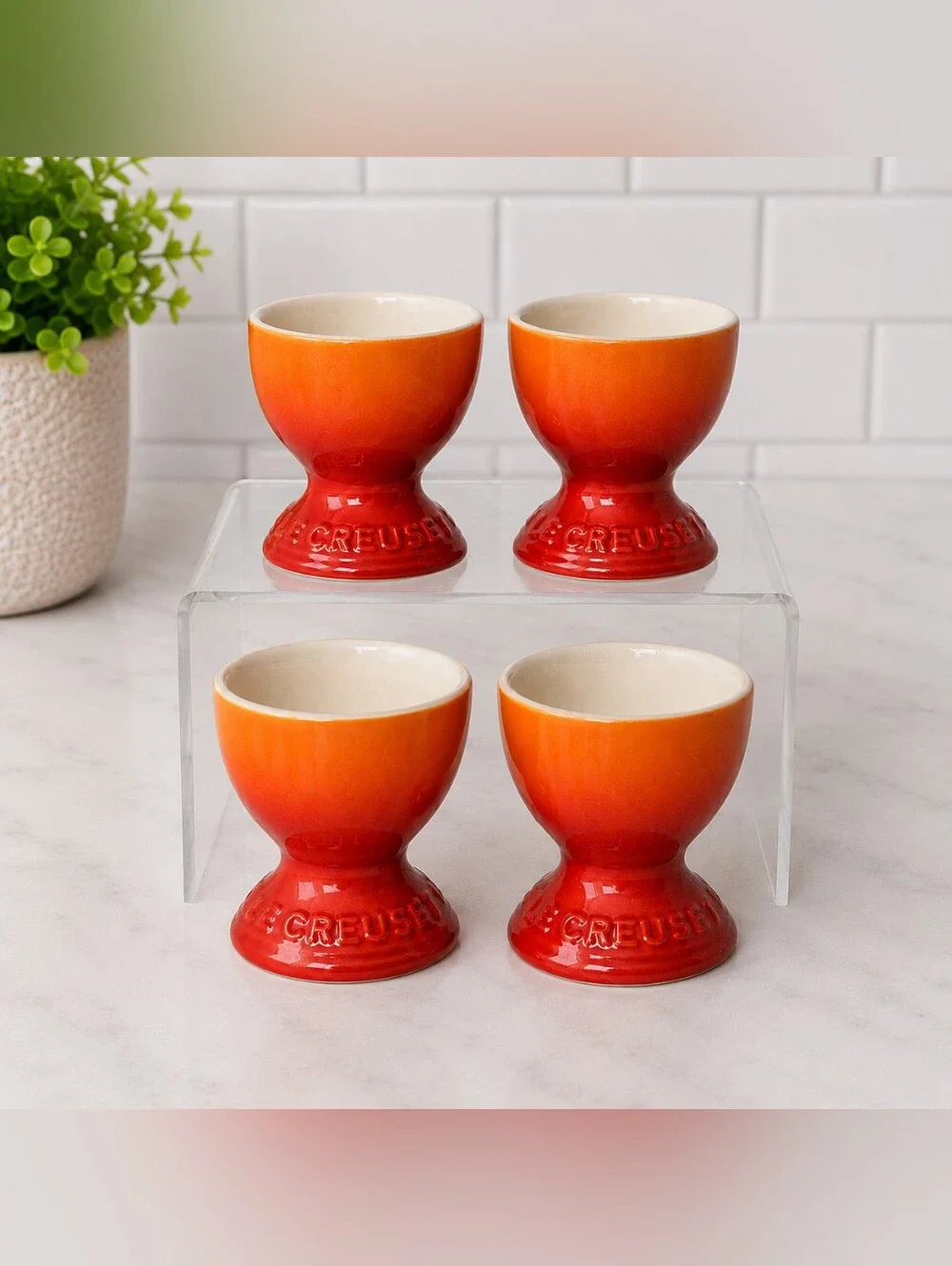 NWT Le Creuset Footed Egg Cups Set of 4 Flame Volcanic Orange Stoneware